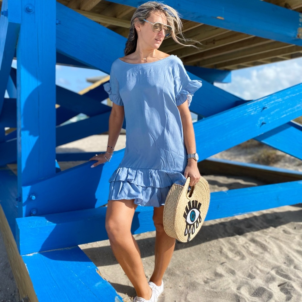 Light Blue Ruffle Hem Dress